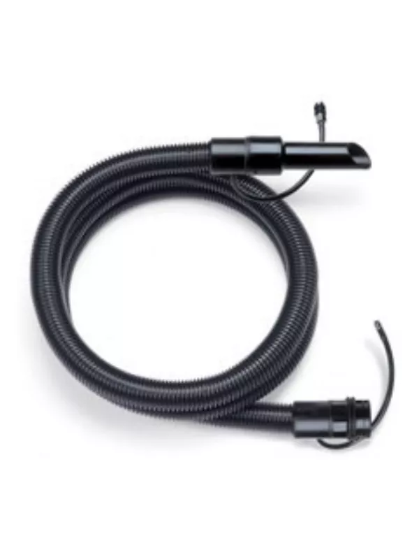 Coiled black extraction hose with metal connector and trigger fitting on a white background.