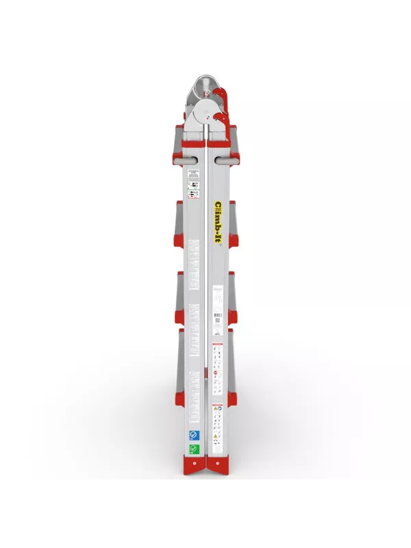Side view of folded multi-position aluminium ladder with red safety feet.