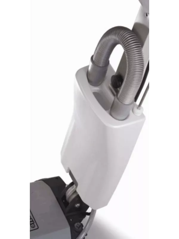 Close-up of a floor scrubber handle with hose and cable neatly stored on the holder.