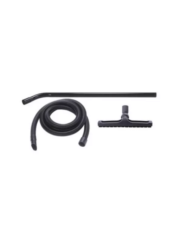 Set of vacuum accessories including hose, curved wand, and floor tool.