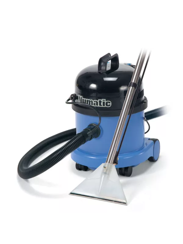 Numatic extractor vacuum with long stainless-steel wand and floor extraction tool.