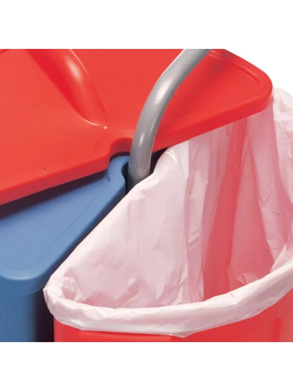 Recycling bin with liner holder showing plastic sack secured under lid.