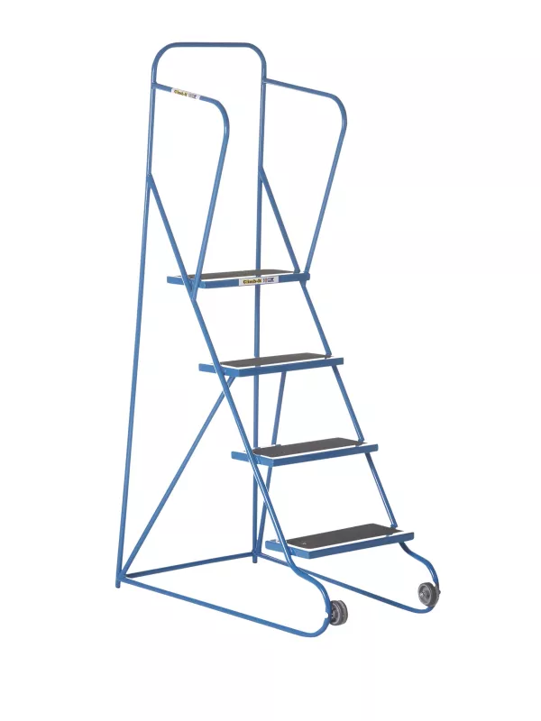 Blue mobile safety steps with three treads and safety handrail.