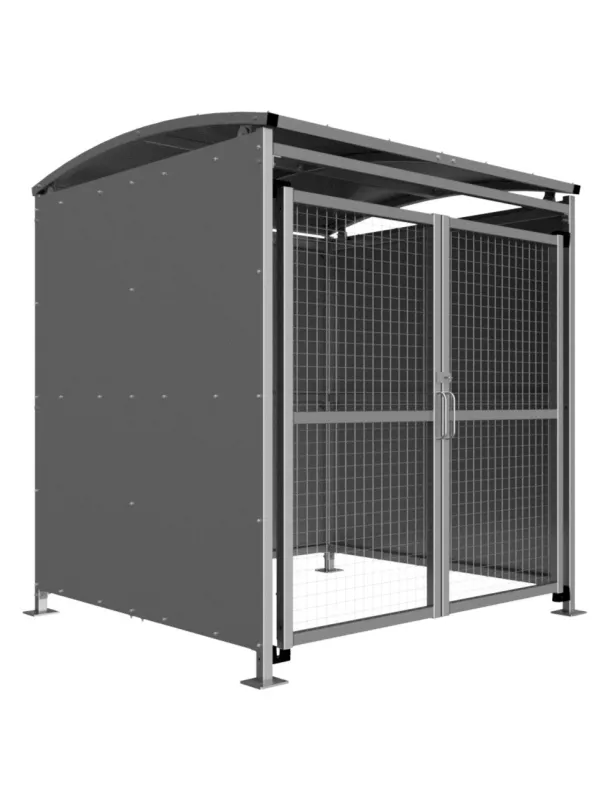 Front angled view of steel cycle shelter with mesh sides and weather-resistant curved roof – durable bike storage.