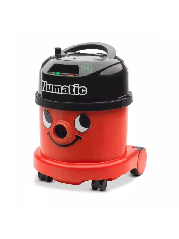 Red Numatic vacuum cleaner with smiling face design and black top.