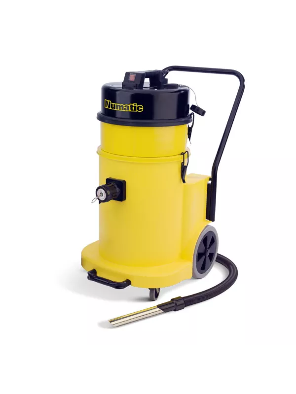 Yellow Numatic industrial vacuum cleaner with hose and metal probe attachment.