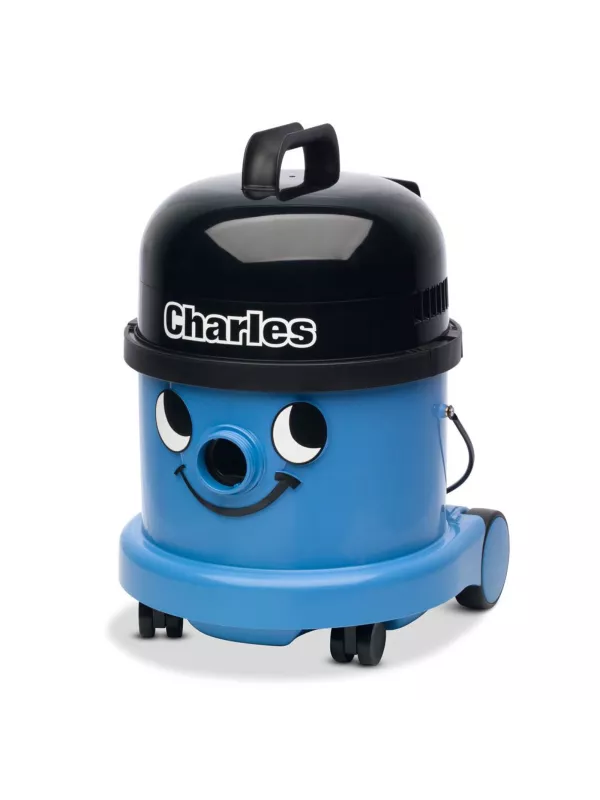 Blue vacuum cleaner with hose and floor tool.