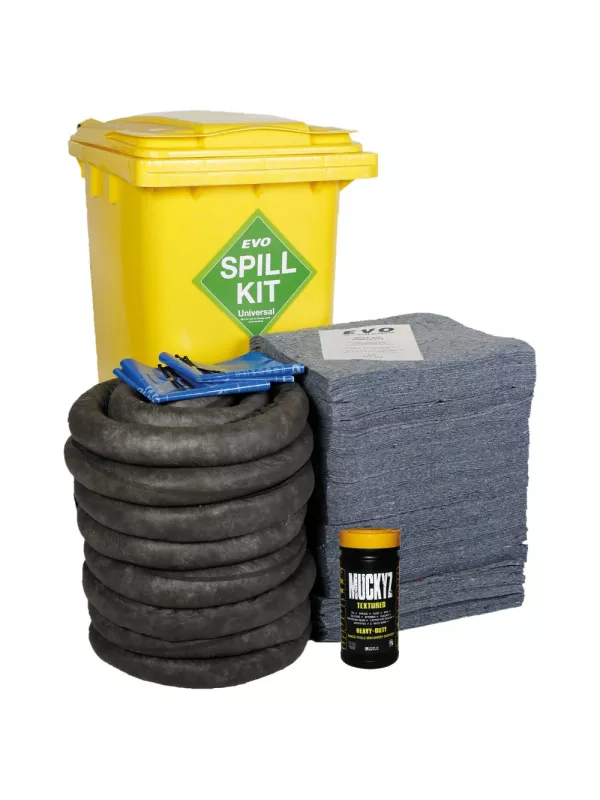 EVO spill kit in yellow bin with absorbent pads, absorbent socks, and disposal accessories – large capacity spillage kit for oil and fuel spill control