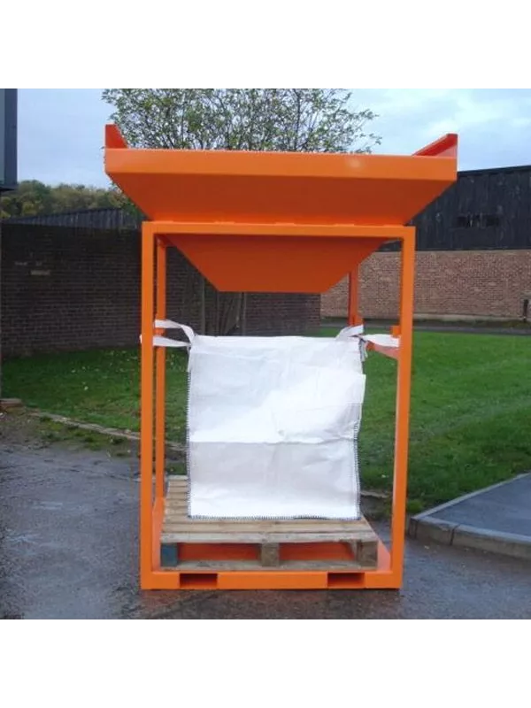 Orange forklift bulk bag frame with top cover, holding a white industrial sack on a pallet for safe bulk material storage and handling
