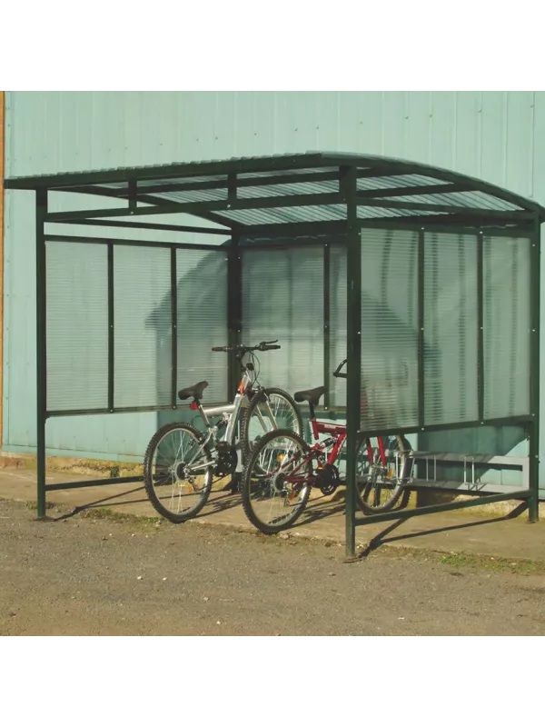 Outdoor cycle shelter with steel frame and mesh panels