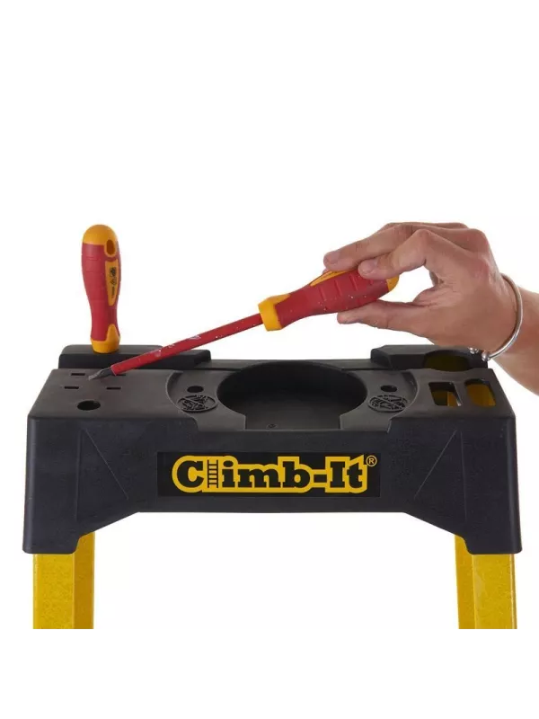 Close-up of Climb-It ladder top platform with screwdriver placed in tool slot.