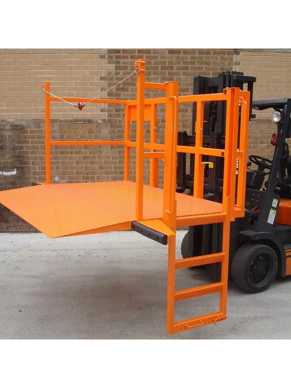 Forklift access platform with safety rails and step entry, designed for secure lifting of personnel during high-level maintenance tasks