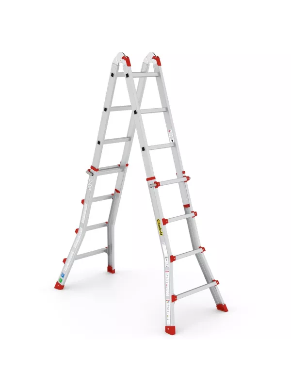 Multi-position aluminium ladder with red safety feet in A-frame position.