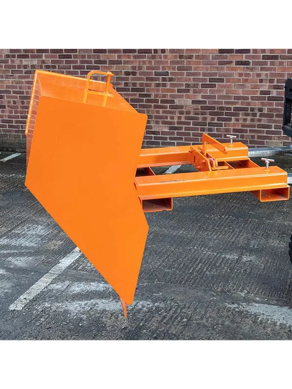 Side view of forklift scoop attachment in orange finish, designed for efficient material handling in warehouses and yards.