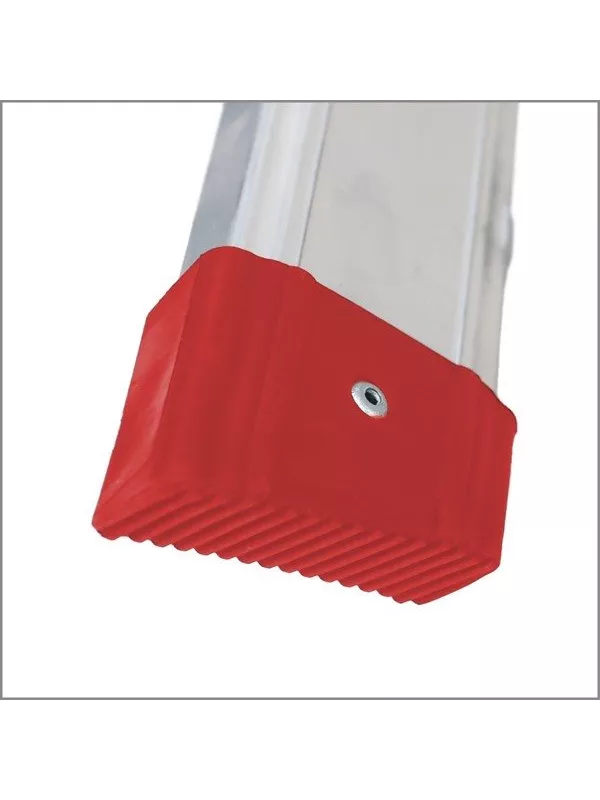 Close-up of red non-slip ladder foot on aluminium ladder leg.