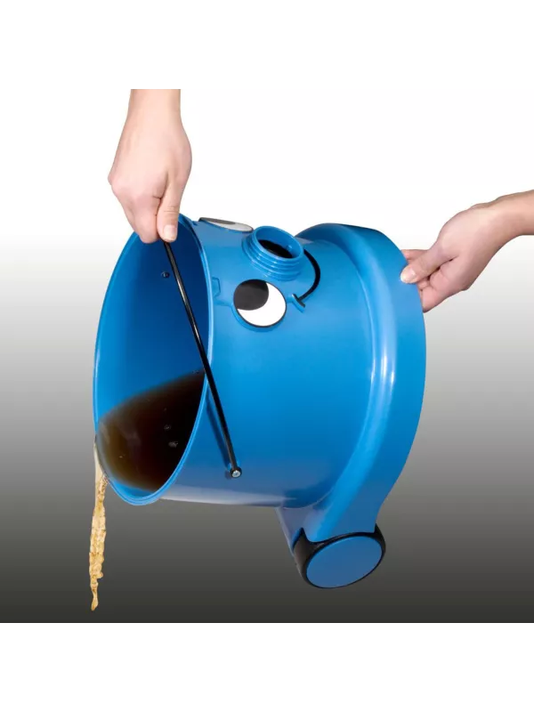 Person emptying a blue vacuum cleaner.