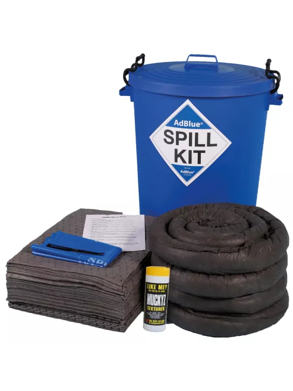 Blue oil and fuel spill kit in container with absorbent pads, socks, and accessories for spill control