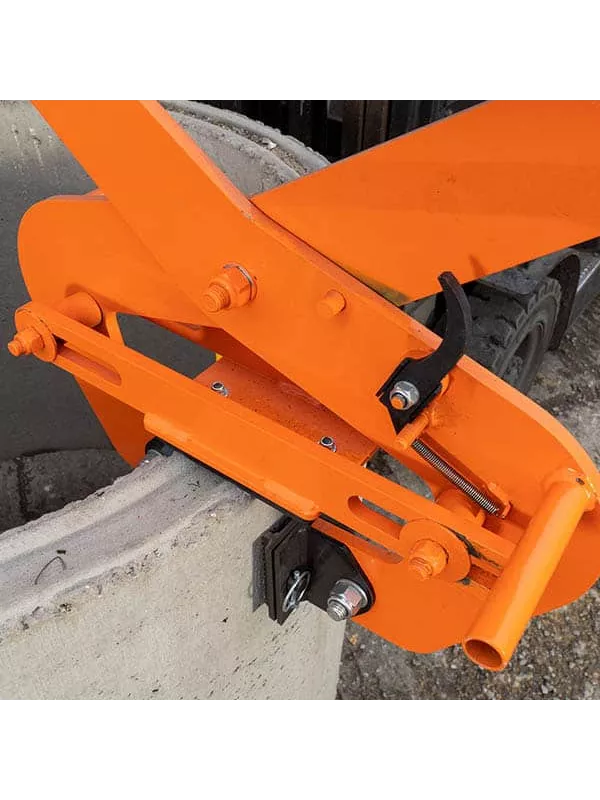 Side view of forklift-mounted orange pipe grab lifting attachment.