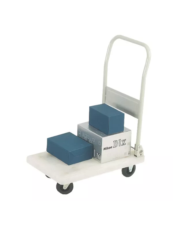 White platform trolley loaded with blue storage boxes, shown with an upright handle and castor wheels.