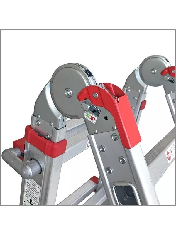 Close-up of locking hinge mechanism on multi-position aluminium ladder.