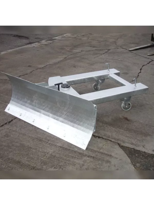 Detachable snow plough blade on wheeled frame for easy storage and movement.