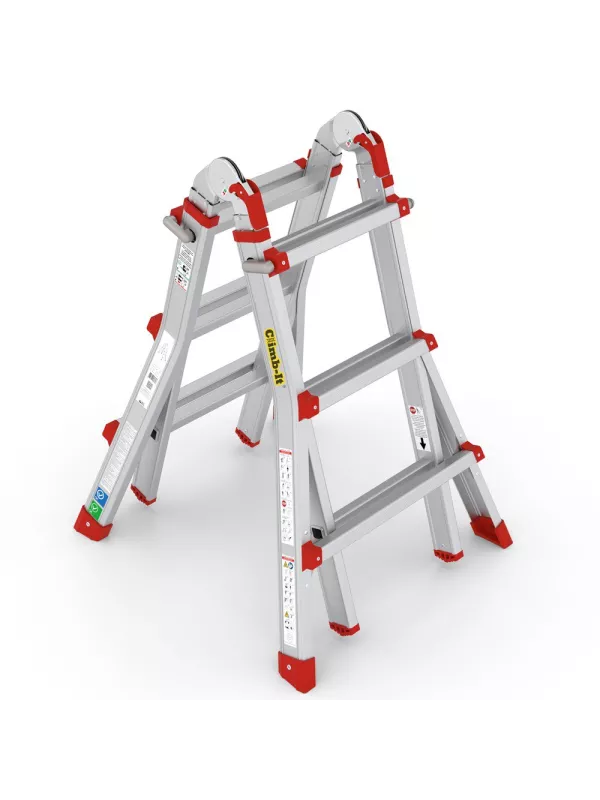 Multi-position aluminium ladder set up on uneven brick and wooden steps.