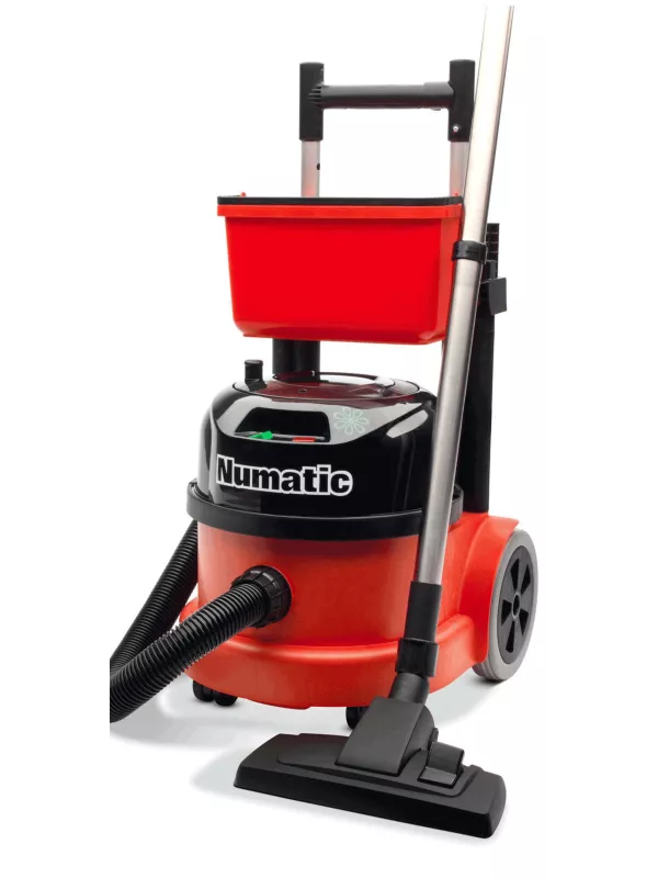 Red Numatic vacuum cleaner with integrated cleaning caddy and floor tool.