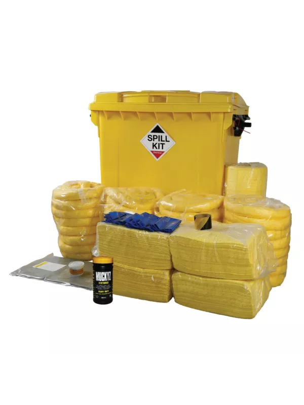 Large chemical spill kit in yellow wheeled bin containing absorbent socks, pads, PPE and disposal materials for high-volume hazardous spill response.