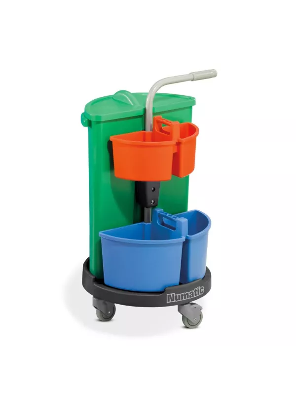 Commercial cleaning trolley with colour-coded buckets and wringer for professional janitorial use.