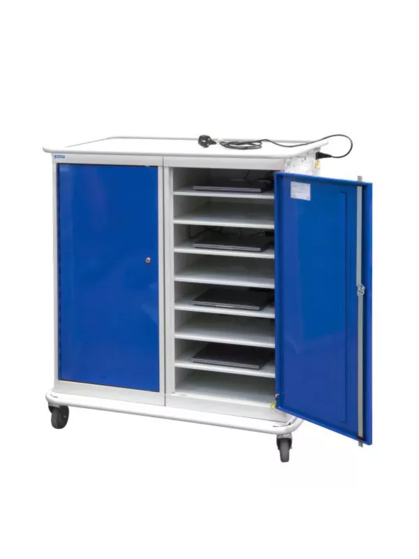 Mobile charging cabinet with blue lockable doors and multiple internal shelves on castor wheels.