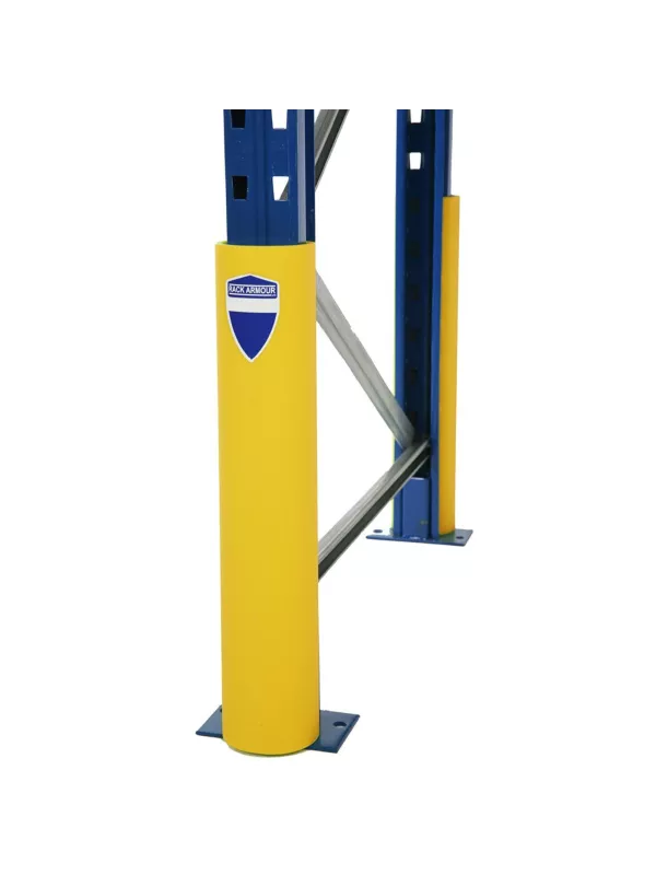 Front view of a yellow rack upright protector installed on racking.