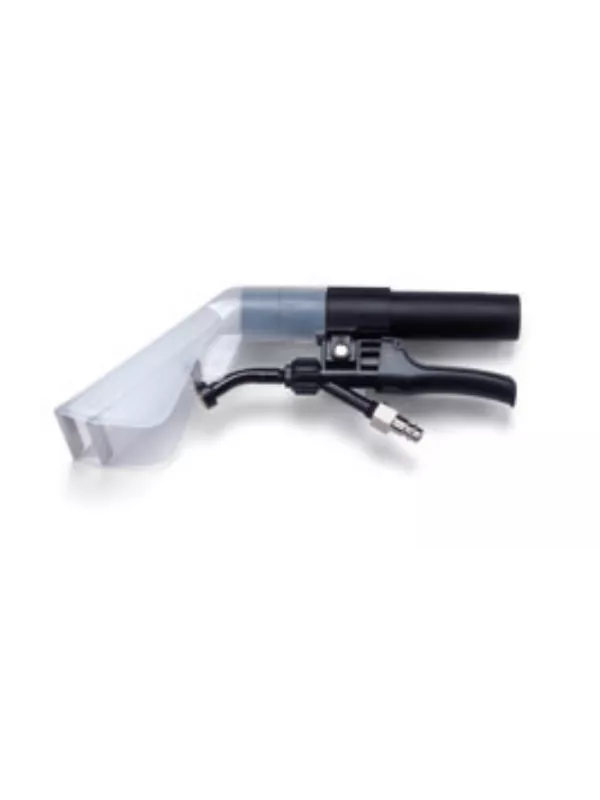 Clear plastic handheld upholstery extraction tool with black handle and spray trigger.