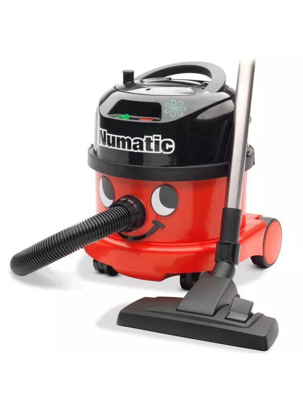 Red Numatic vacuum cleaner with hose and floor tool attached.