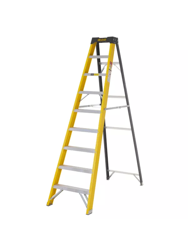 Yellow and silver step ladder with four steps, front-facing view.