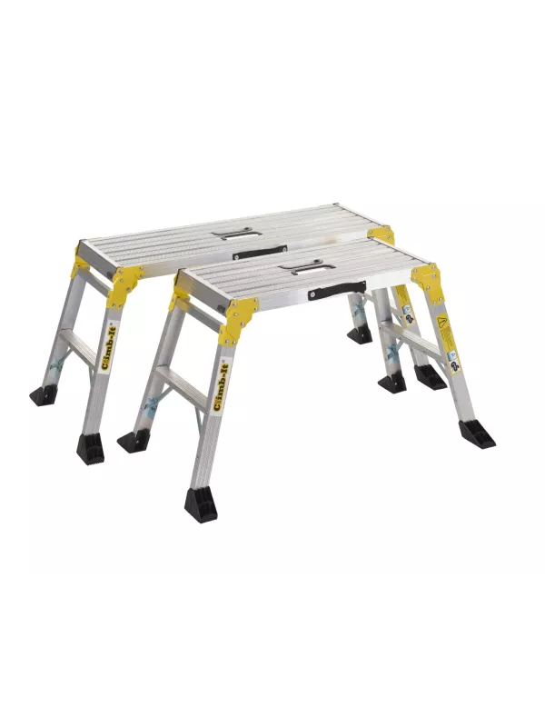 Folding aluminium work platform with yellow safety legs fully extended.