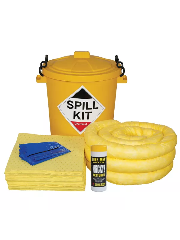 Chemical spill kit in yellow drum containing absorbent socks, pads, PPE and disposal materials for hazardous chemical spill response.