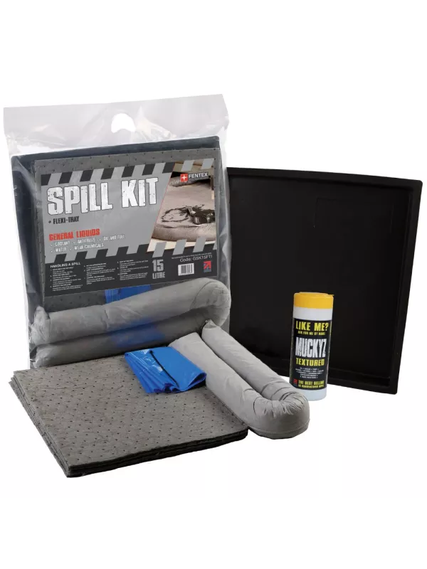 Compact spill kit with absorbent pads, absorbent socks, and cleaning accessories for oil and fuel spill control – portable spillage kit in clear carry bag.