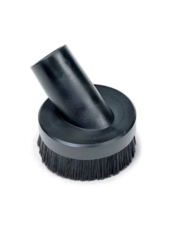 Large round vacuum dusting brush with angled connector and dense bristles.
