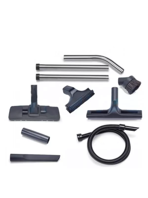 Full vacuum accessory kit including hoses, extension tubes, floor tools, and nozzles.