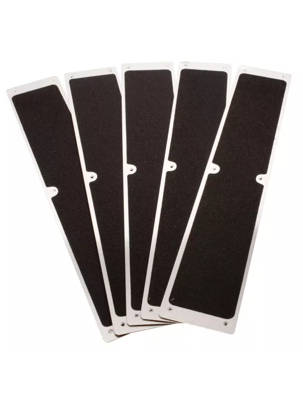 Black anti-slip stair tread plates with pre-drilled fixing holes