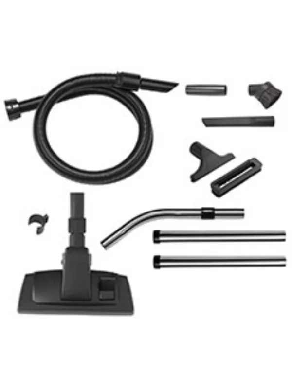 Complete vacuum accessory kit including hose, wands, and small nozzles.