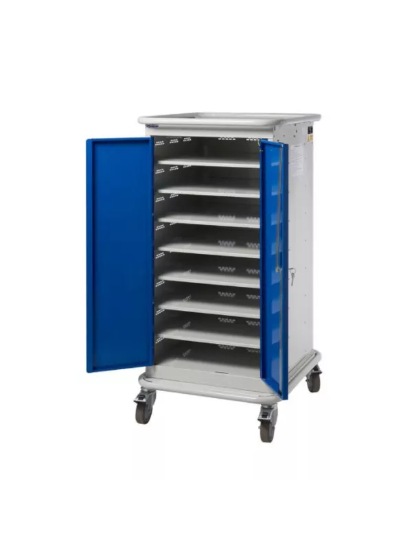 Mobile device charging cabinet with blue lockable doors and multiple internal charging shelves on castors.