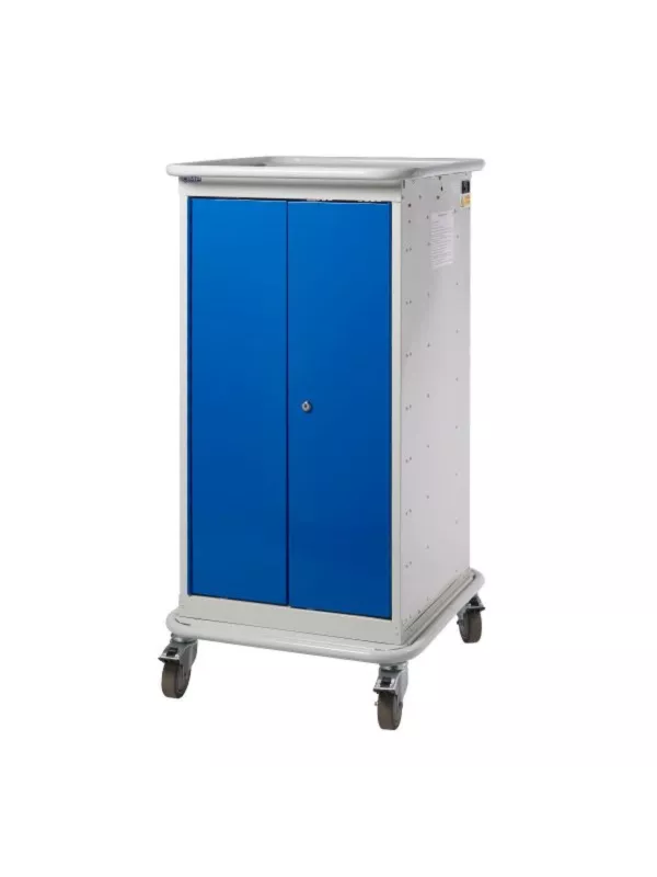 Lockable mobile charging trolley with blue doors, grey frame and smooth top surface.