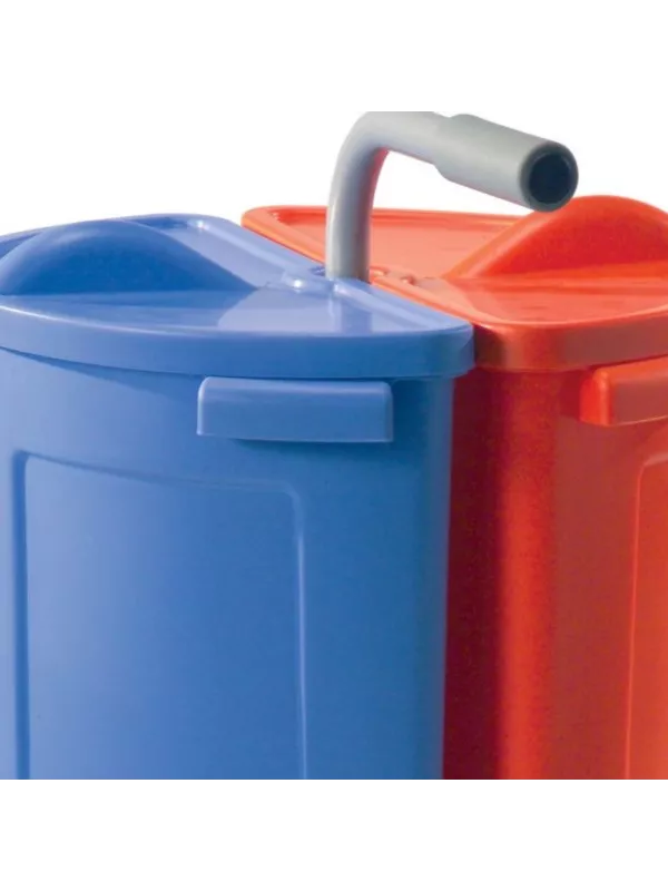 Close-up of blue and red recycling bin lids with integrated handle design.