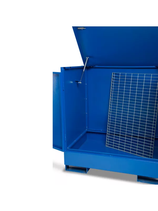 Gas strut lid support mechanism on bunded drum storage cabinet