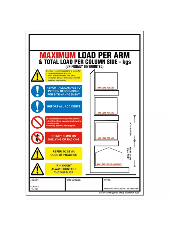 Maximum load per arm warehouse racking safety sign showing load limits, warning symbols and rack configuration diagrams.