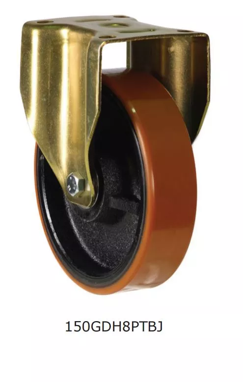 Heavy-duty polyurethane castor wheel with gold steel frame for warehouse and workshop trolleys.