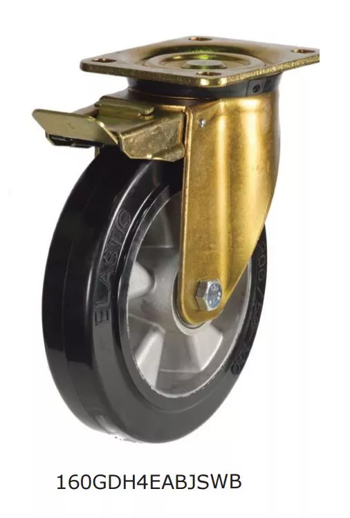 Grey rubber castor wheel with steel bracket in gold finish for reliable industrial use.