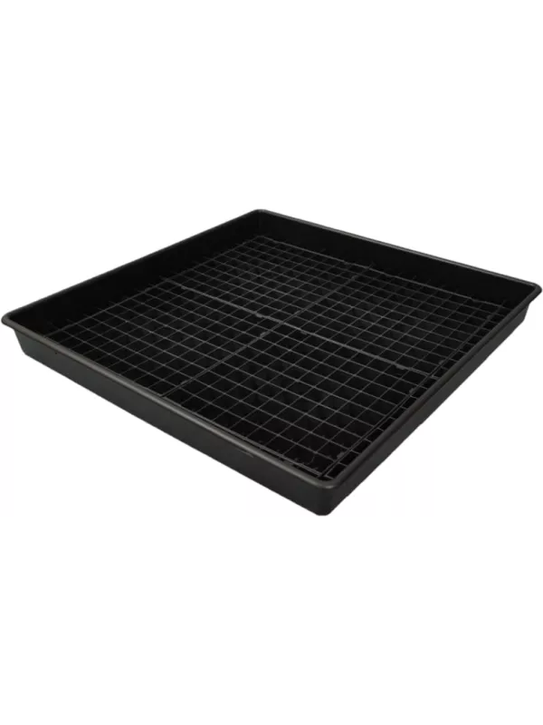 Heavy-duty plastic spill tray with ribbed base – oil drip tray for drums, fuel containers, and spill containment in industrial environments.