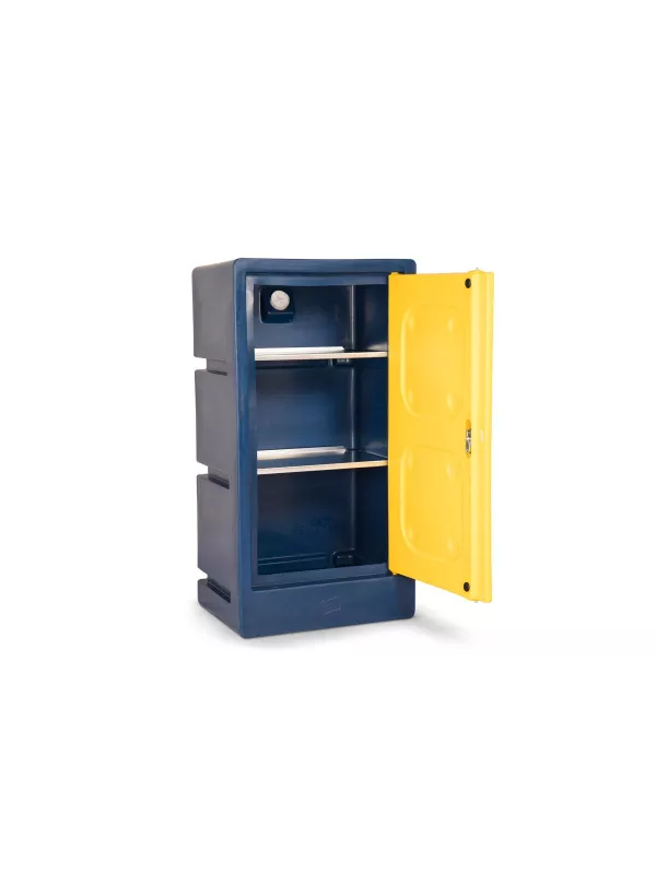 Tall Armorgard hazardous cabinet with yellow door and steel shelves